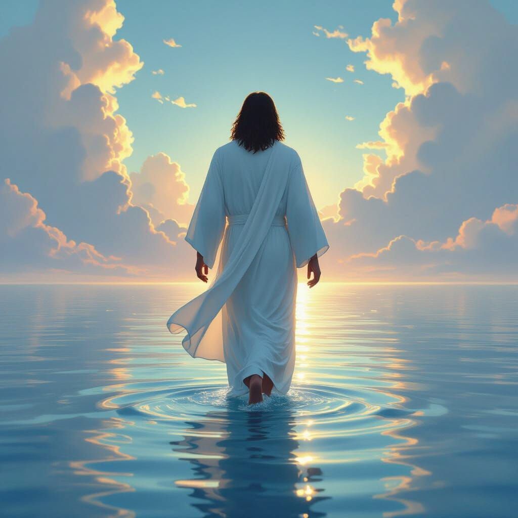 Jesus Walking on Water in Animated Style
