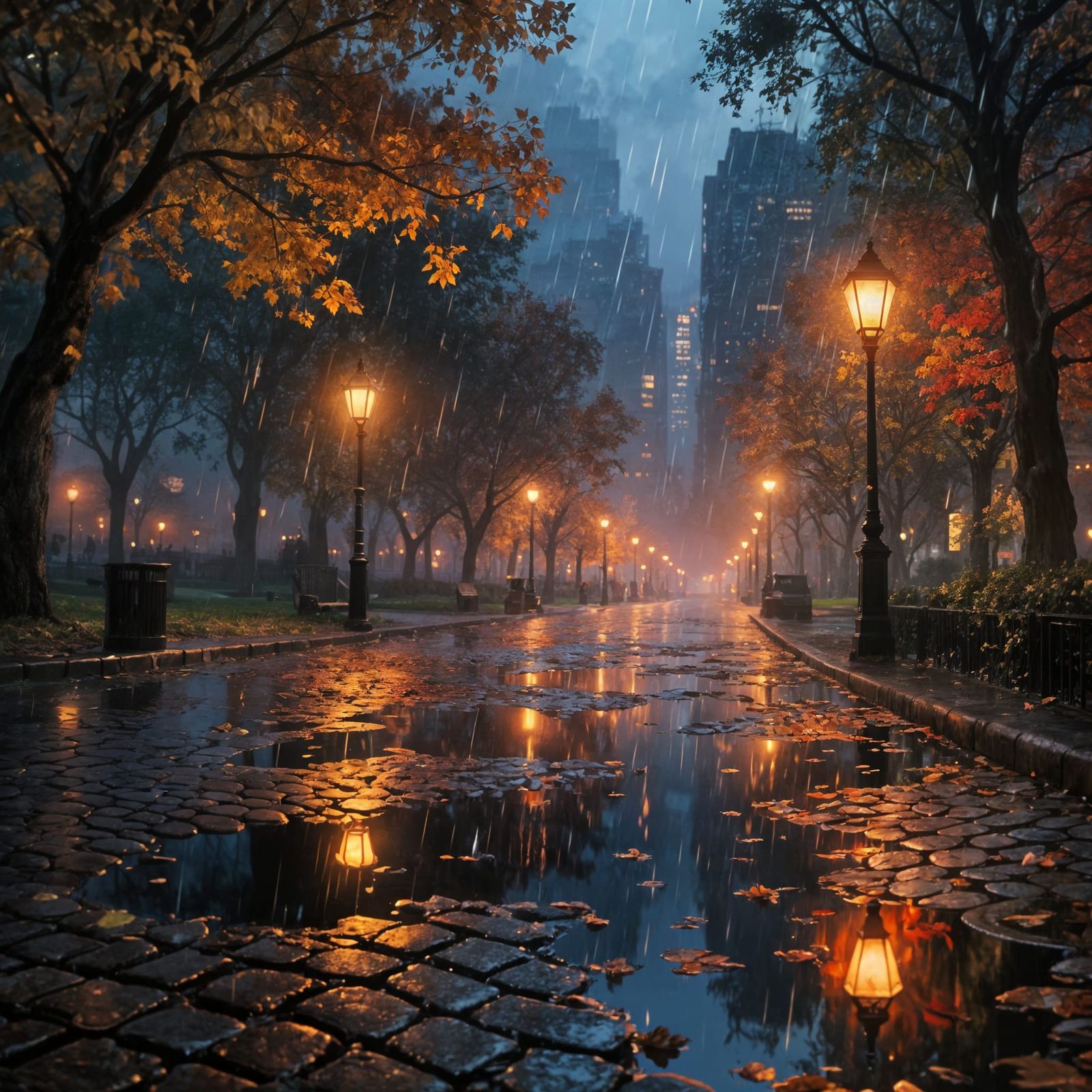Rainy Autumn Dusk in City Park with Puddles