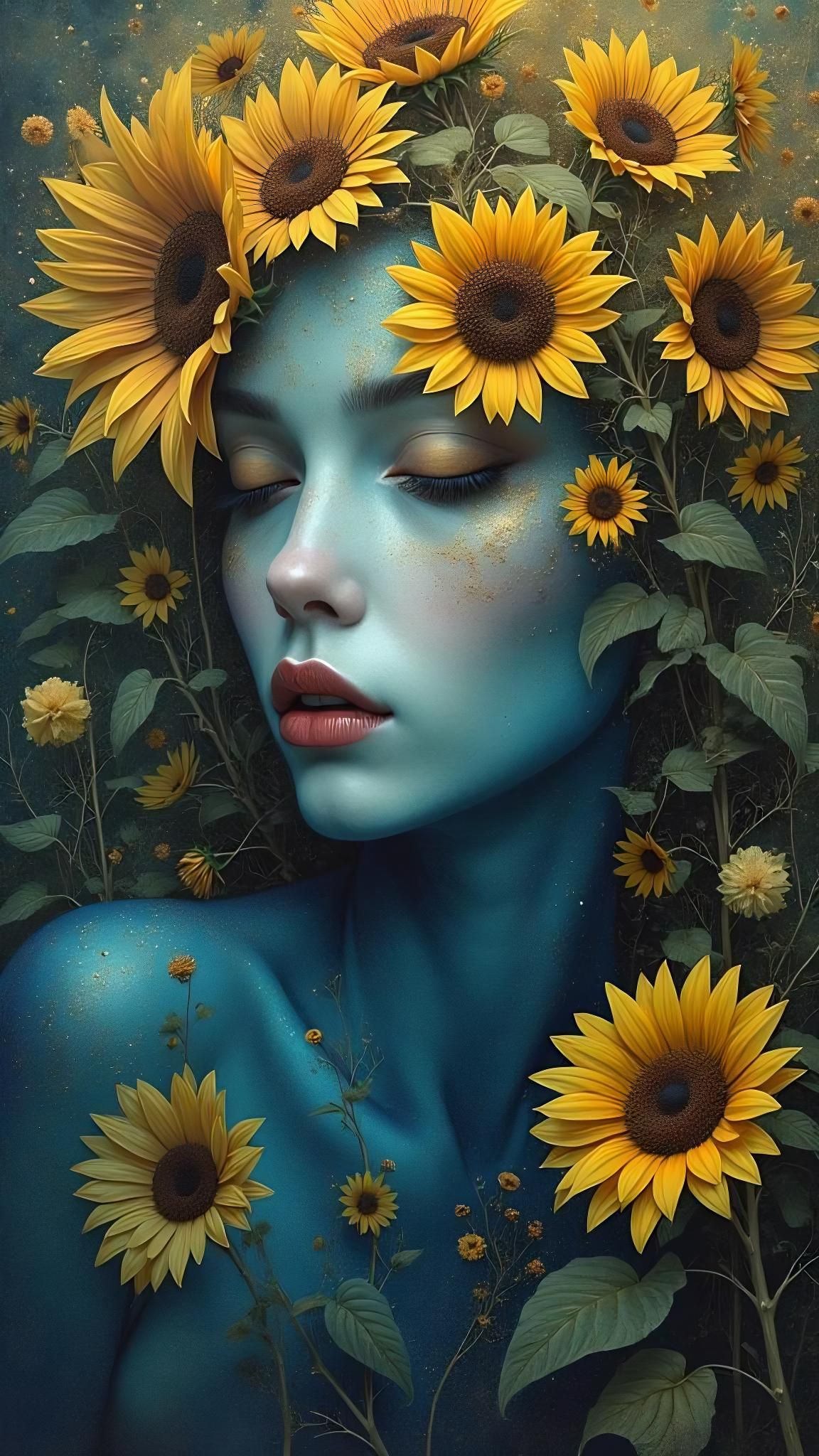 Surreal Sunflower Alien Girl in Symbolist Style