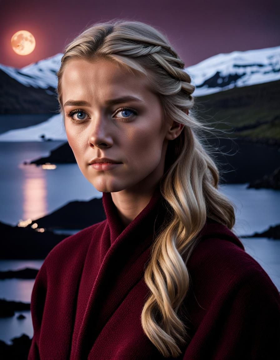 Scandinavian Girl Portrait Under Moonlight, Professional Pho...
