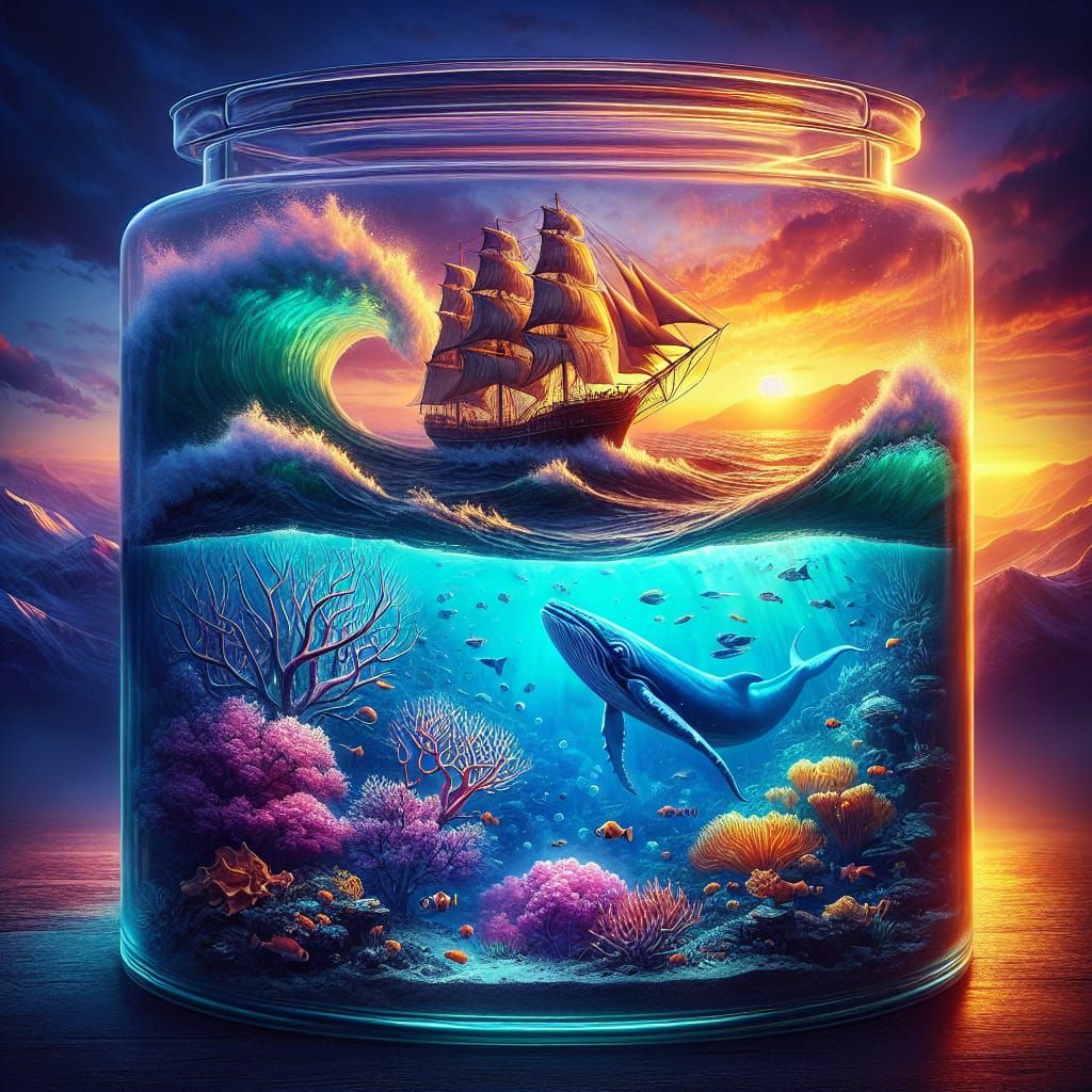Ocean Sunset and Coral Reef in Glass Jar
