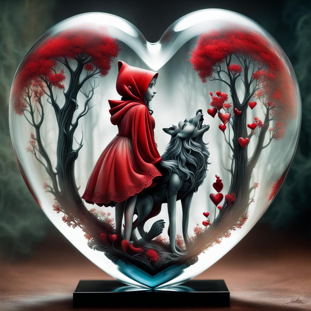 Red Riding Hood with a wolf inside a glass heart