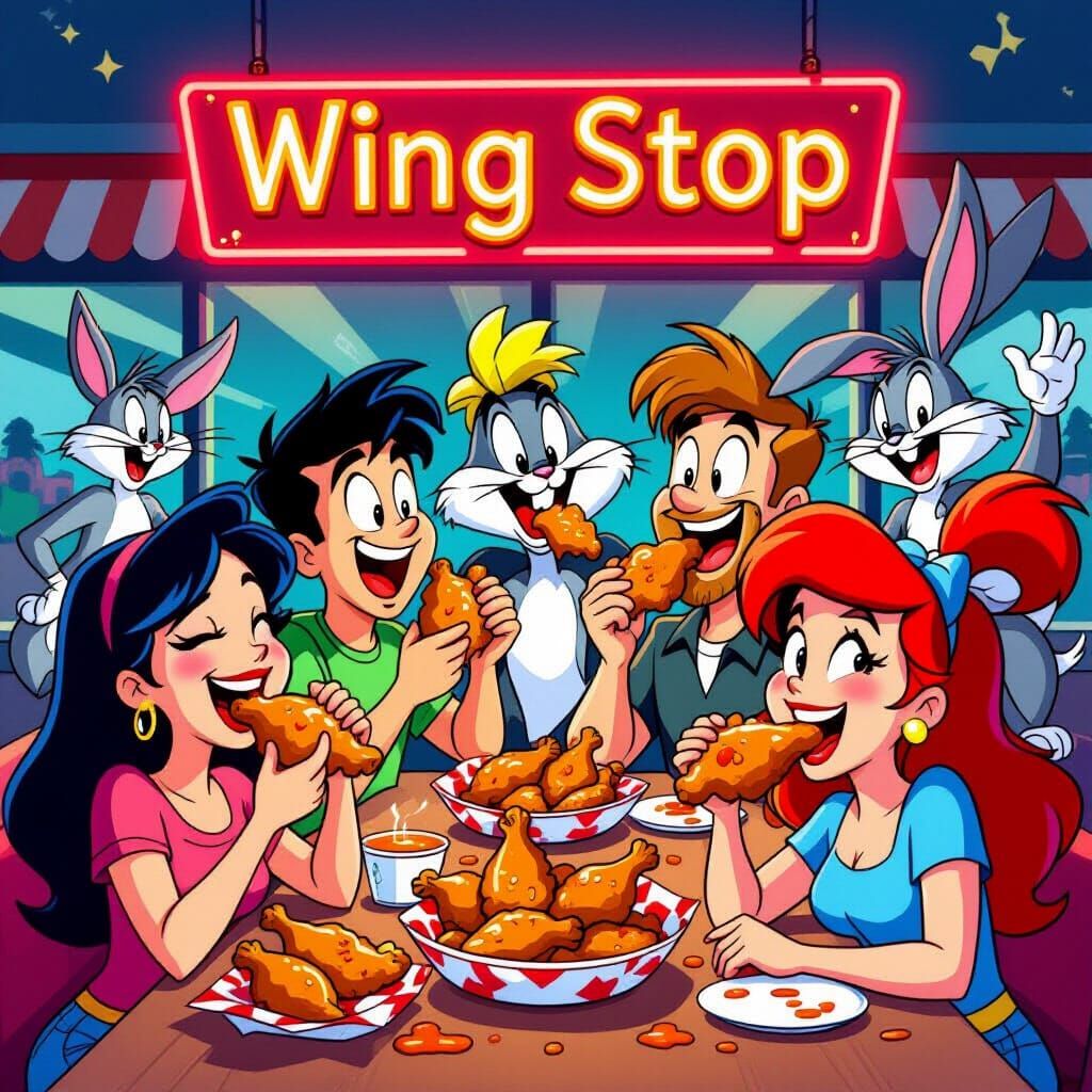 Cartoon Characters Enjoying Wings in Vibrant Style