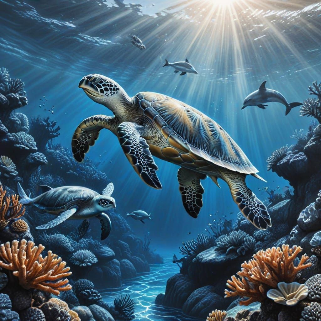 Majestic Sea Turtle and Dolphin: Charcoal Drawing