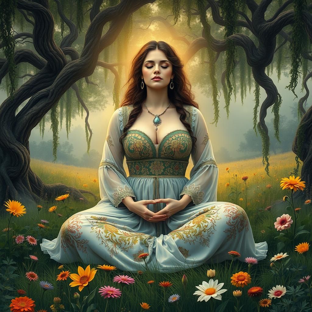 Bohemian Woman Meditating in Ethereal Meadow