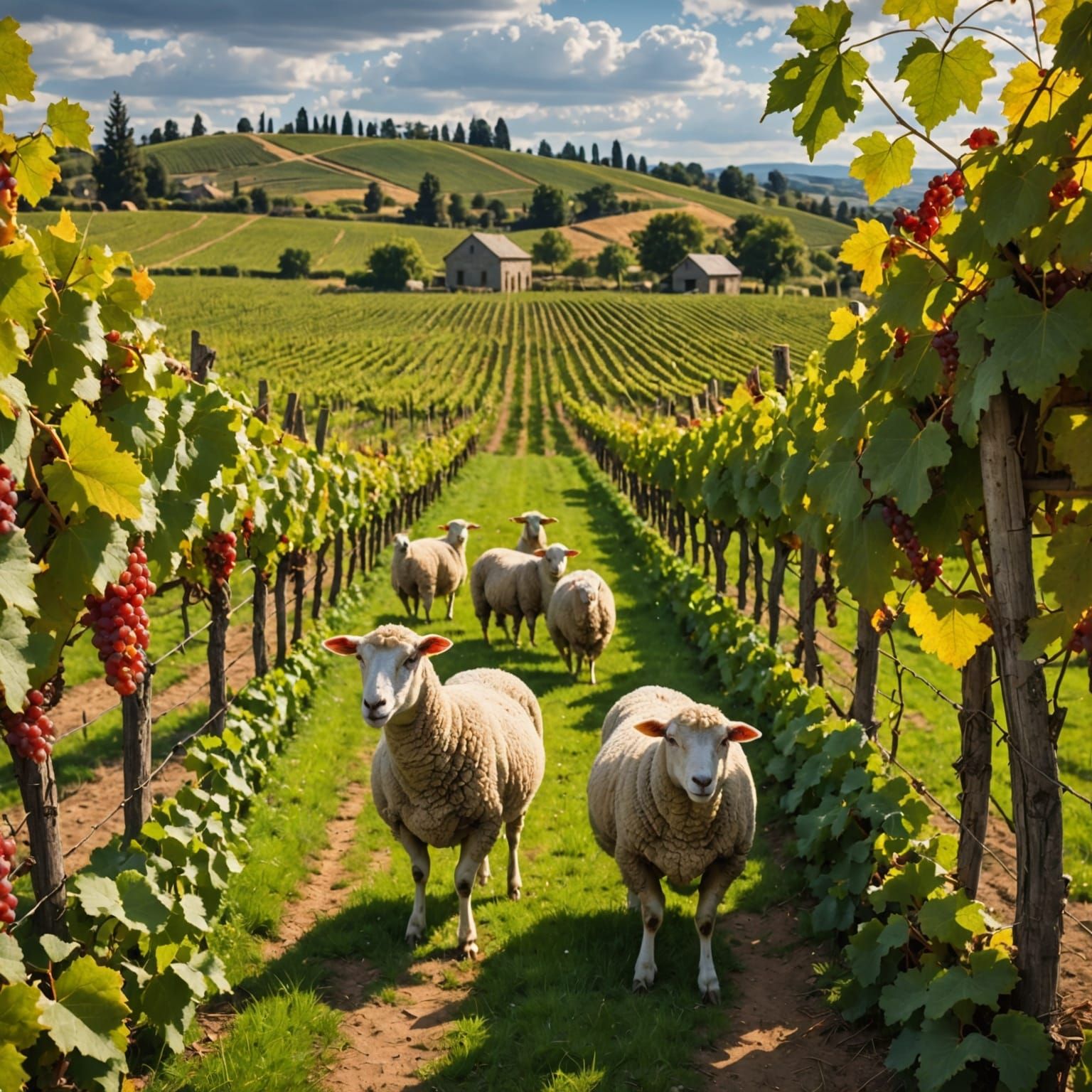 Vineyard Scene with Livestock in Hyperrealistic Style