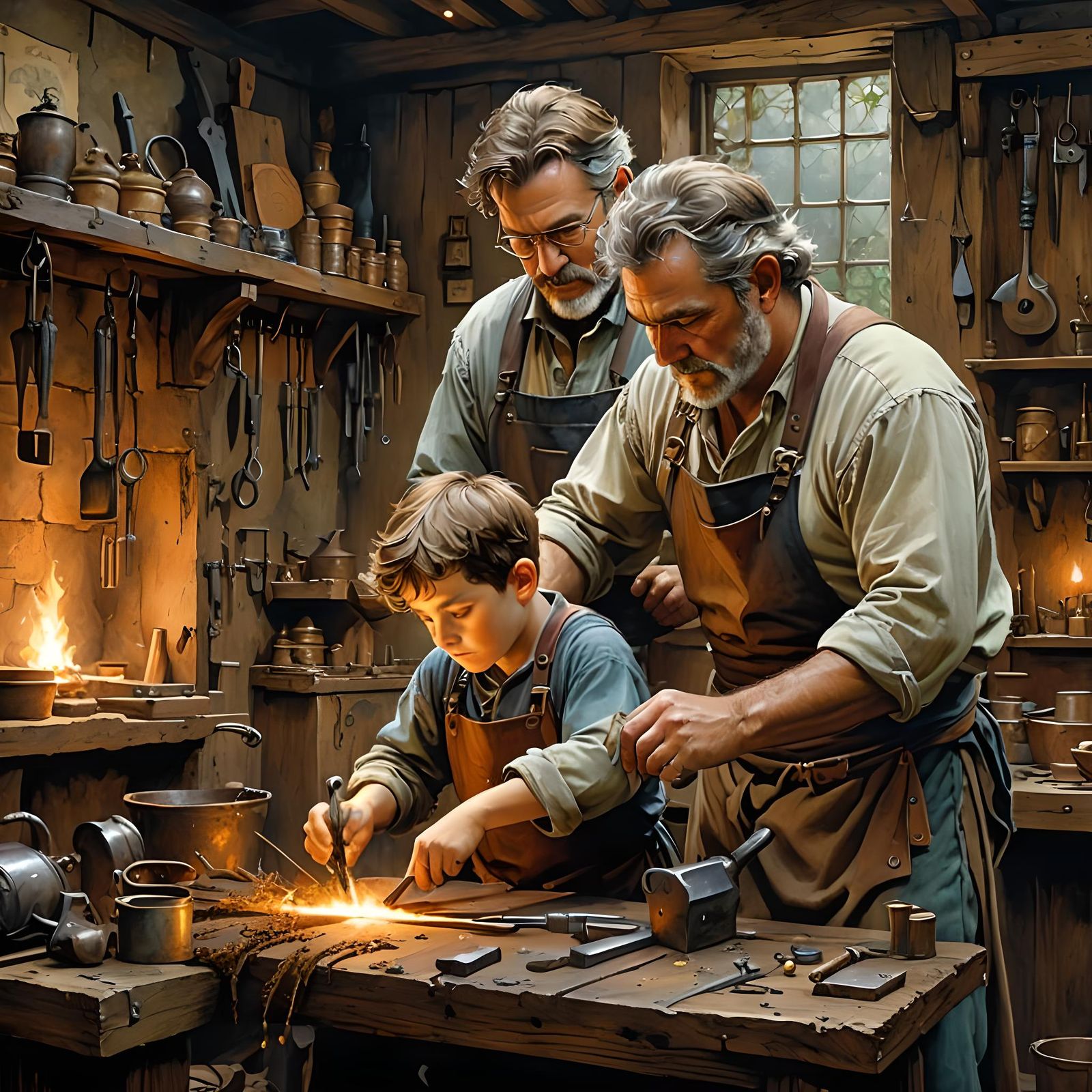 Blacksmith and Apprentice in Watercolor Style