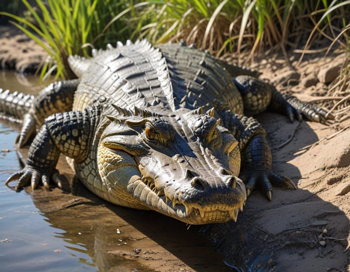 Close Up of Crocodile Sunning on Riverbank