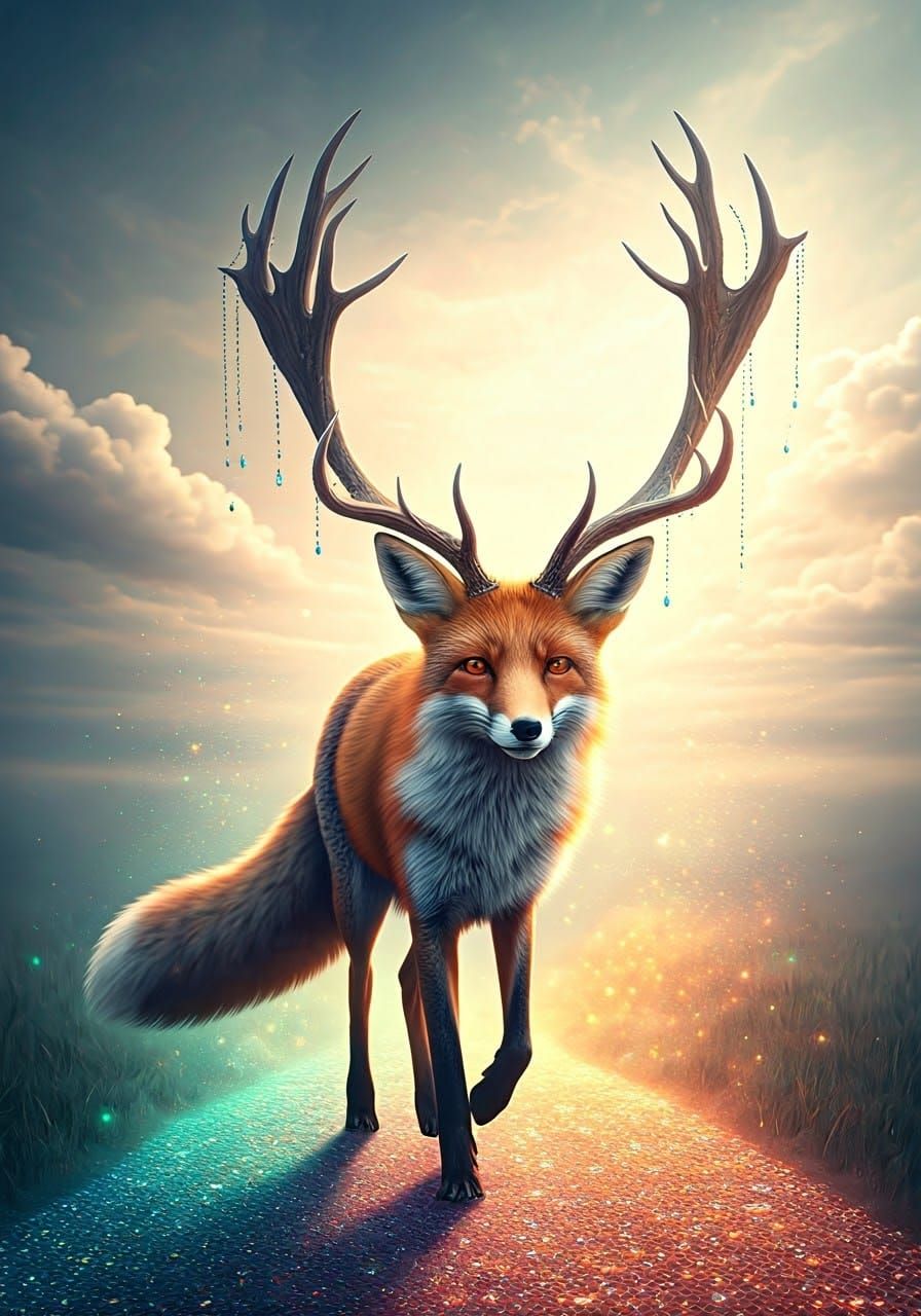 Ethereal Fox-Deer Fusion on Rainbow Path