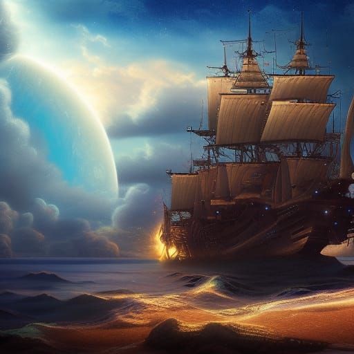 Night Seascape Anime Art: Pirate Ship and Galaxy