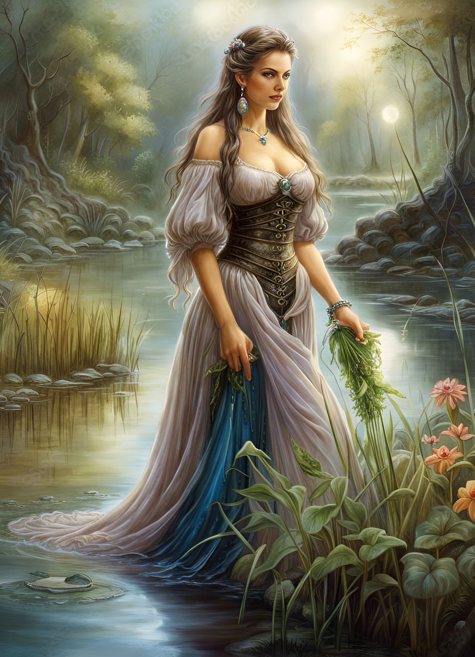 Fairytale Herbalist Gathering Herbs in Forest Pond