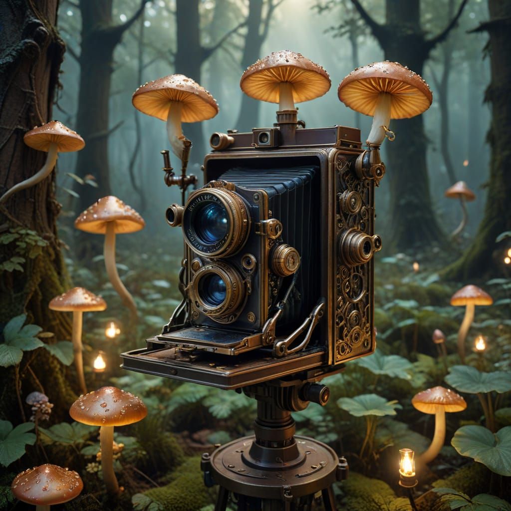 Vintage Camera Captures Fairies in Dreamlike Forest