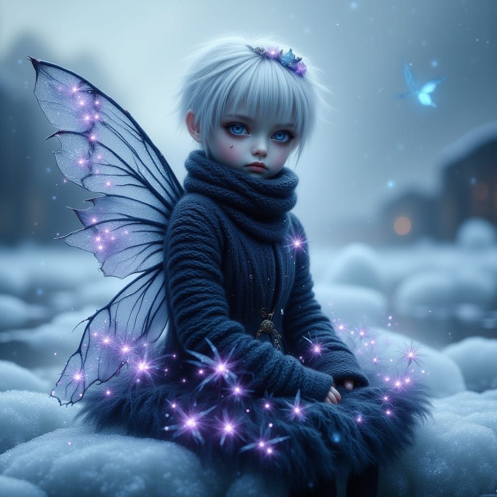 Albino Fairy on Iceberg with Bioluminescent Snowflakes