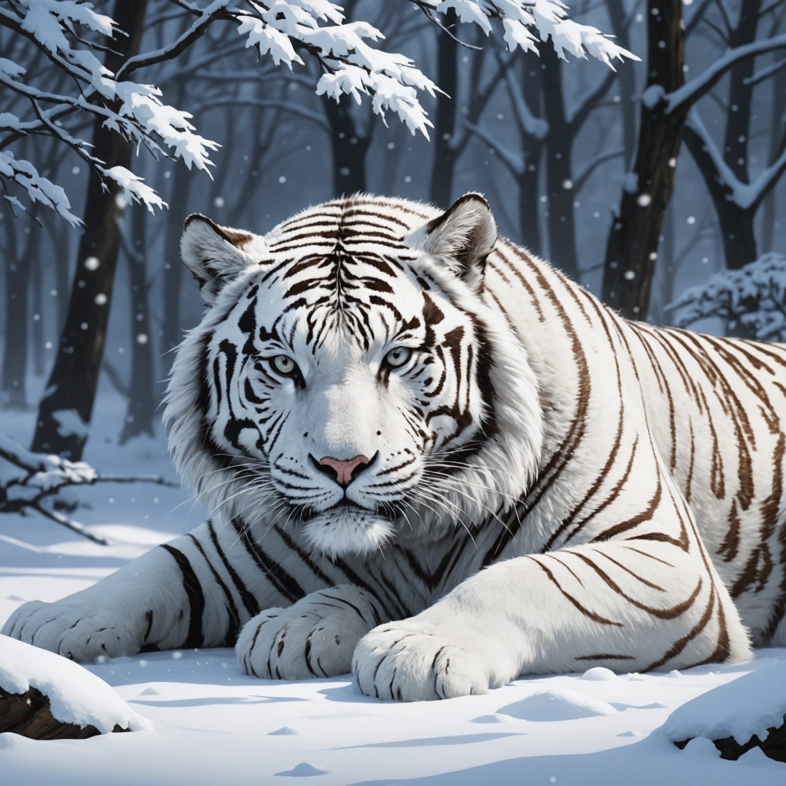 White Tiger Asleep in Snowy Anime Landscape