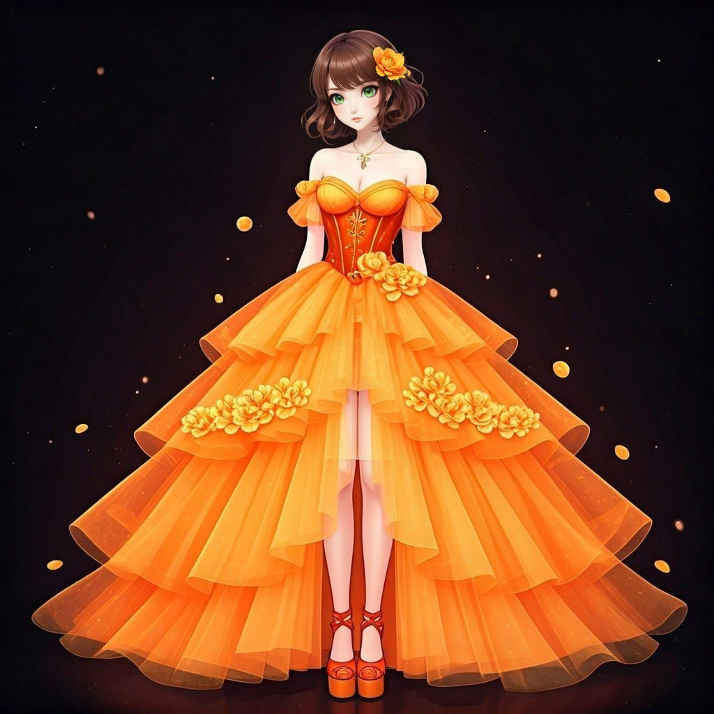 Elegant Anime Model in Vibrant Orange Gown