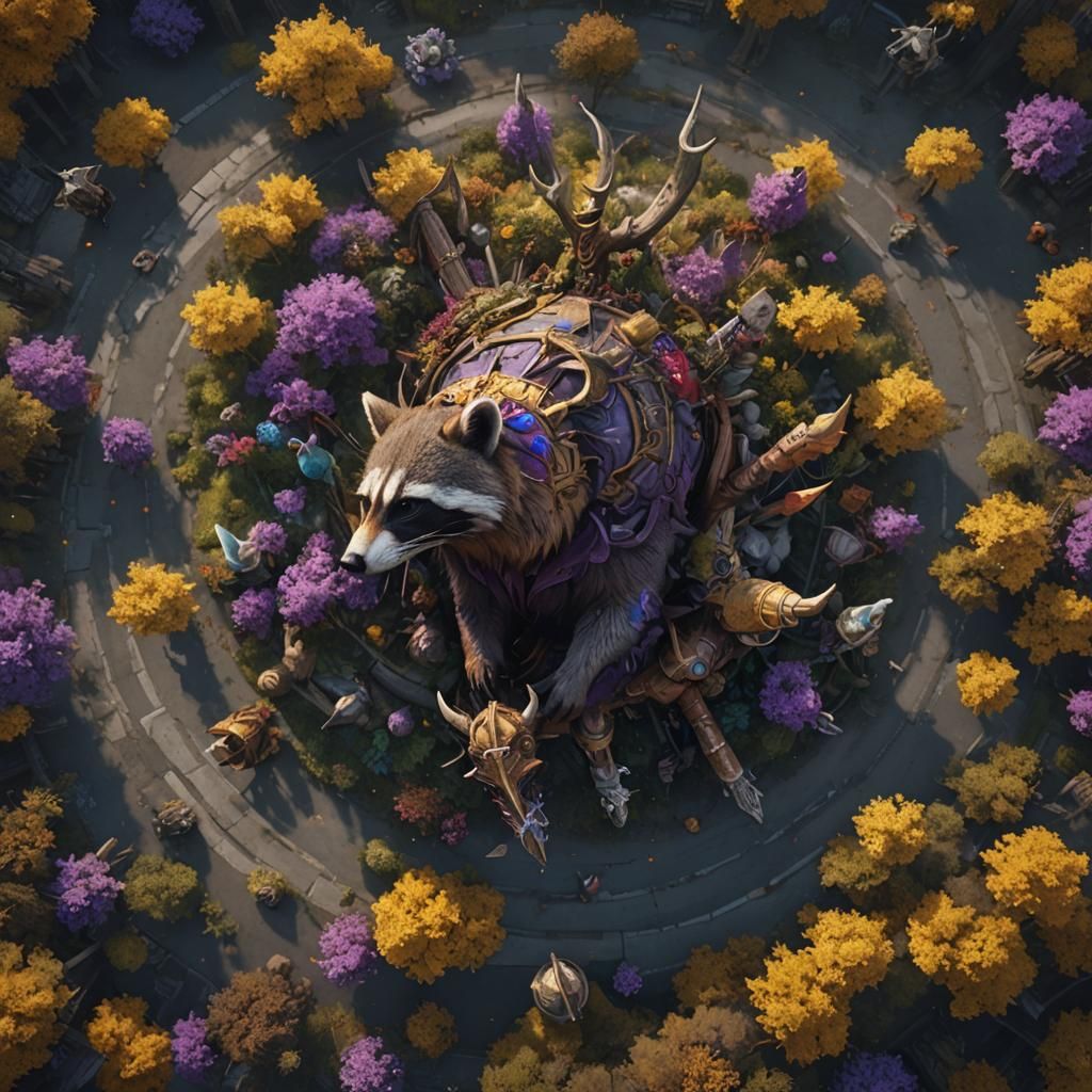 Raccoon with unihorn. Fox with antlers.flying elephant. Birds eye view.