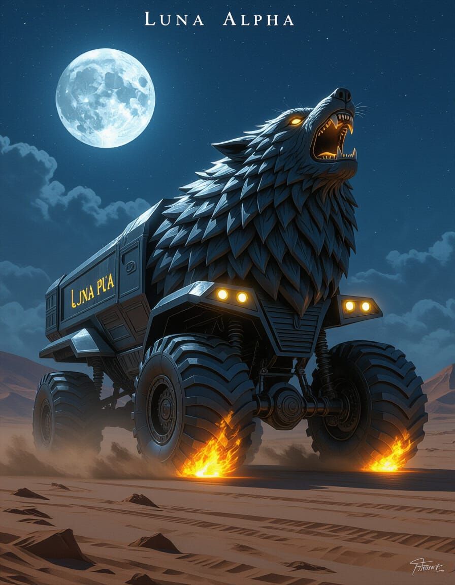 Luna Alpha Wolf Truck in Moonlit Desert
