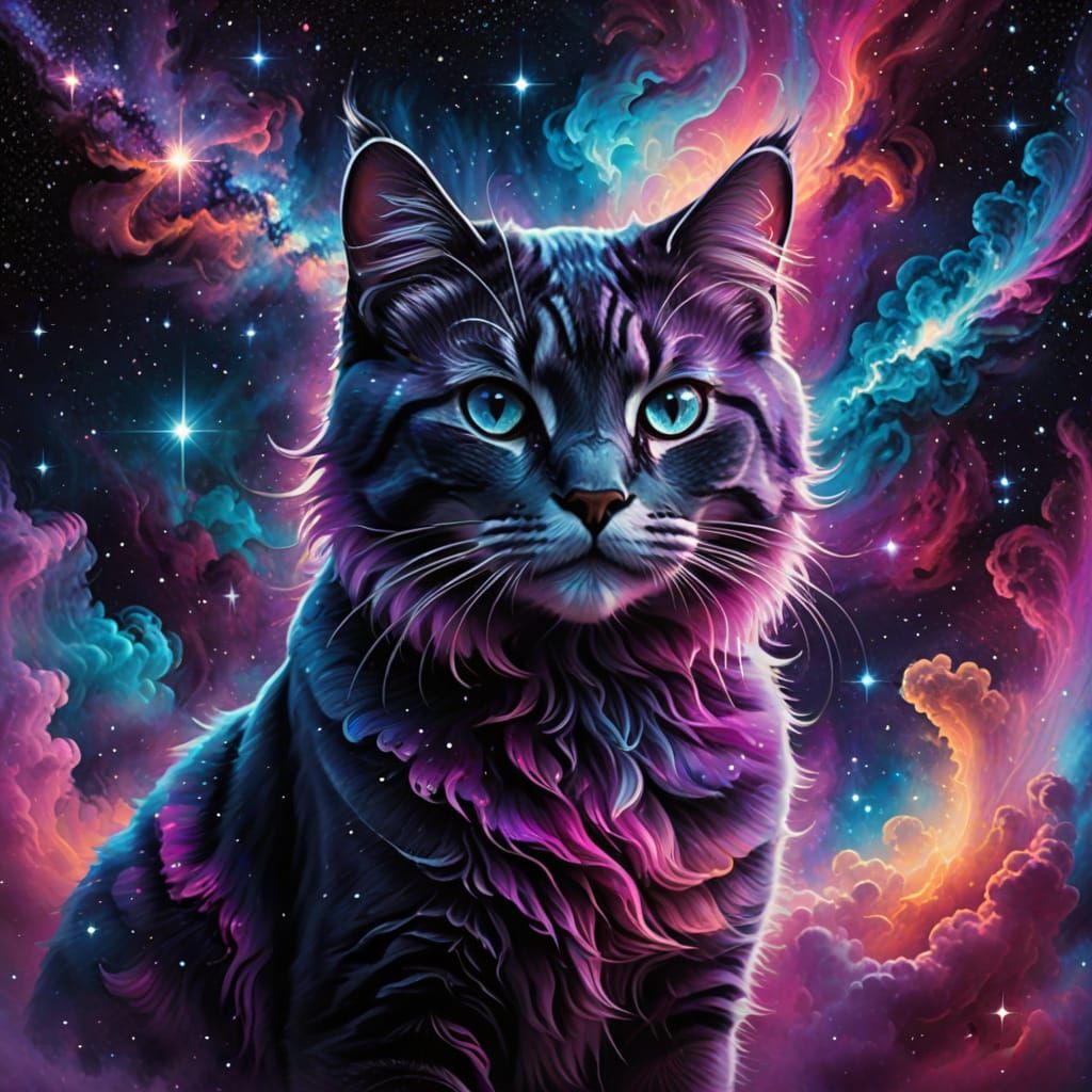 Surreal Cosmic Cat in Vibrant Nebulae
