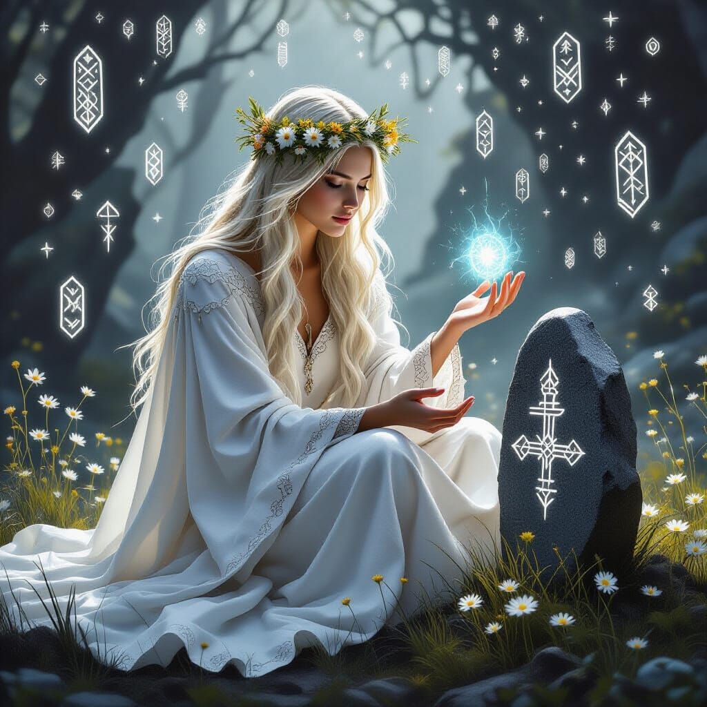 Viking Seeress with Runestone in Fantasy Style