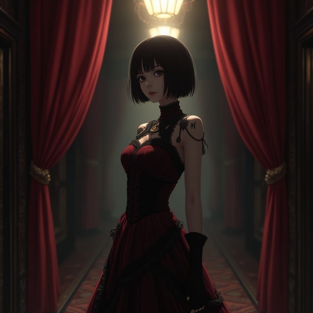 Gothic Beauty in Red Velvet Shadows