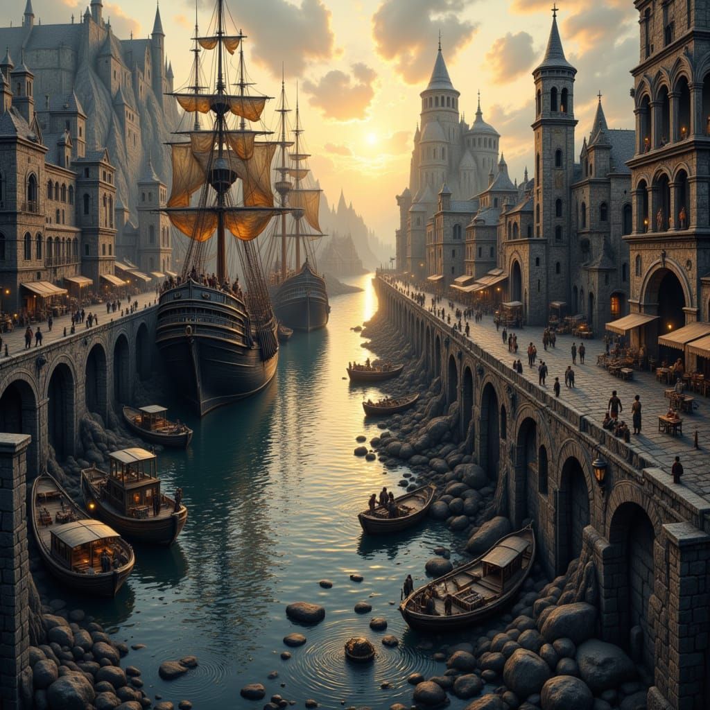 Ancient Harbor at Sunrise in Ultra-Realistic Style