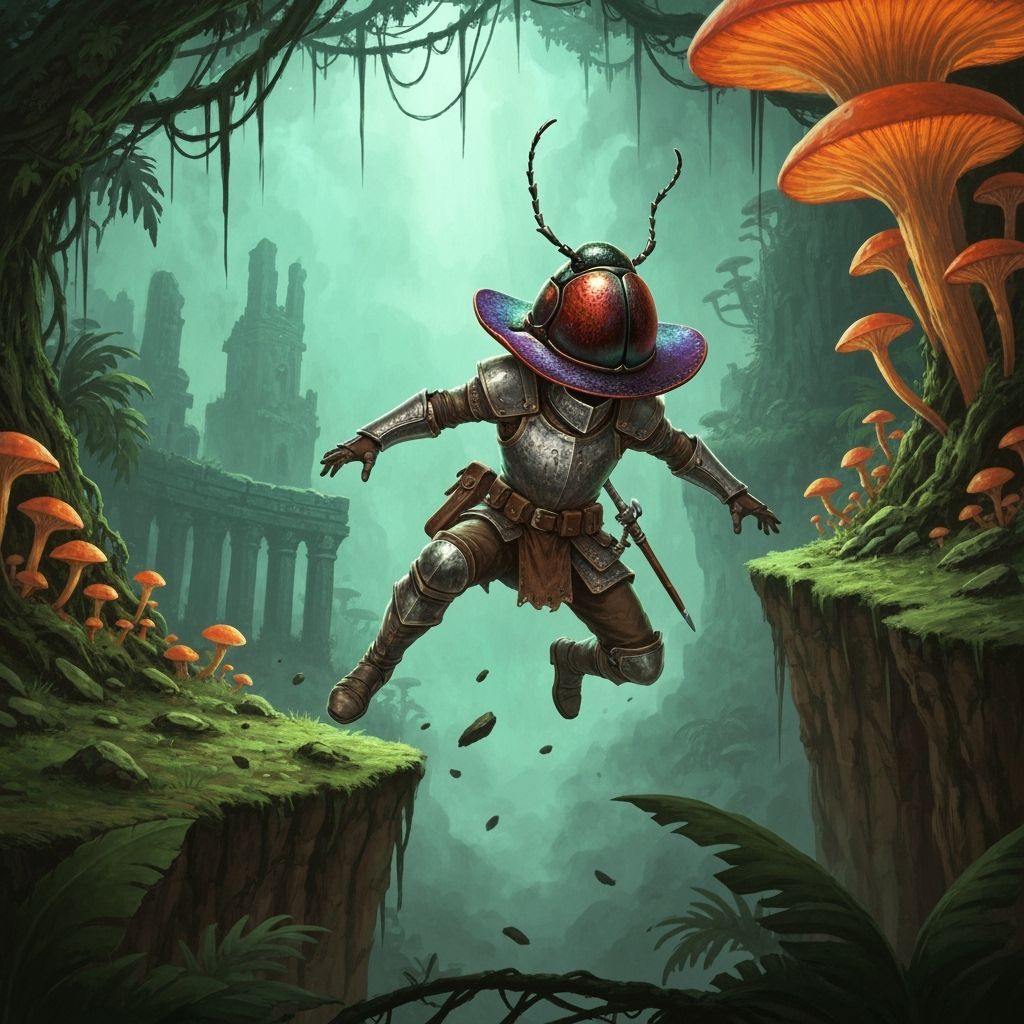 Knight Leaping Chasm With Beetle Hat in Dark Fantasy Style