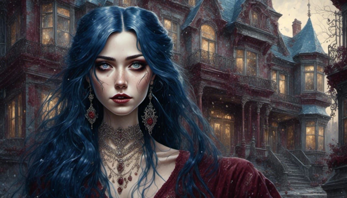 Beautiful Woman with Dark Blue Hair, Watercolour Portrait