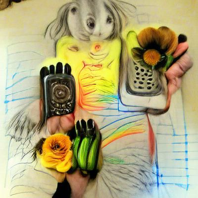Surreal Hand Holding Phone with Flowers and Rainbows