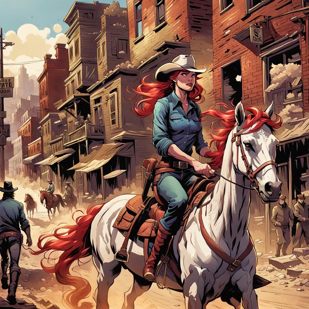 Red-Haired Cowgirl on Horse in Comic Book Art