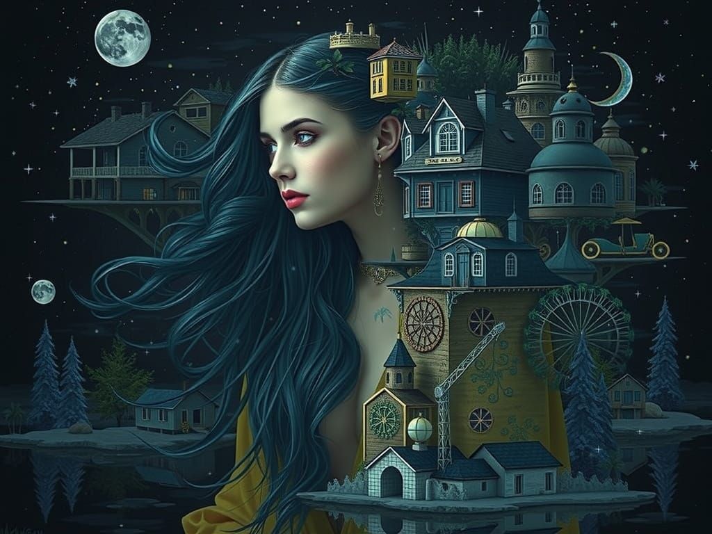 Surreal Miss Acacia with Dreamlike Towns in Her Head