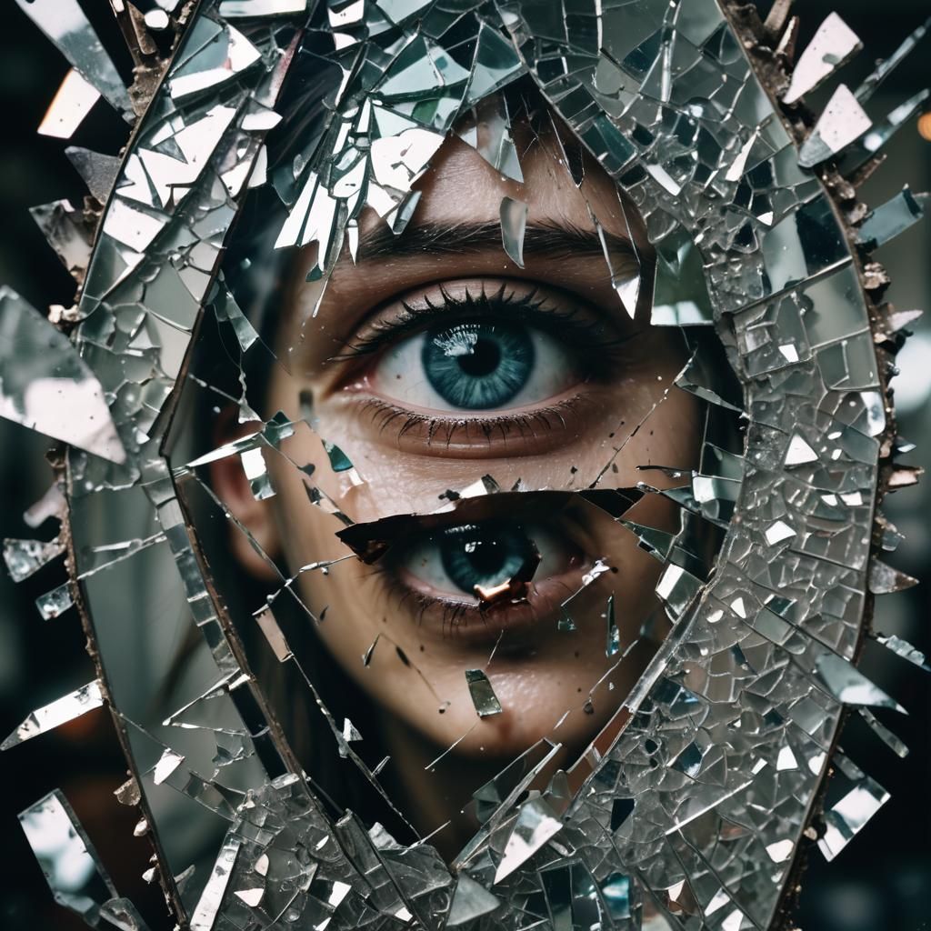 creation featuring a broken mirror with eerie reflections an...