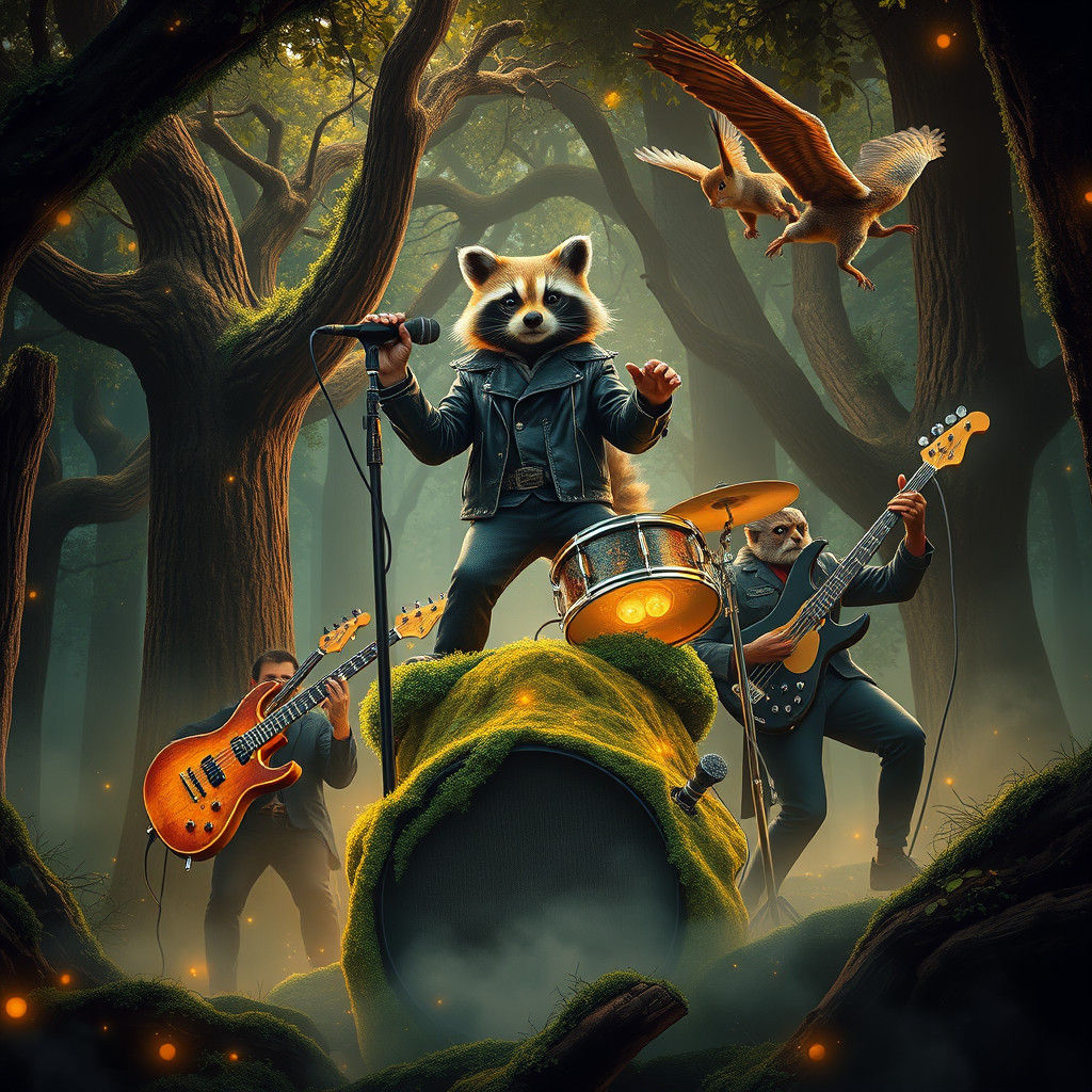 Forest Animal Rock Band in Dreamlike Setting