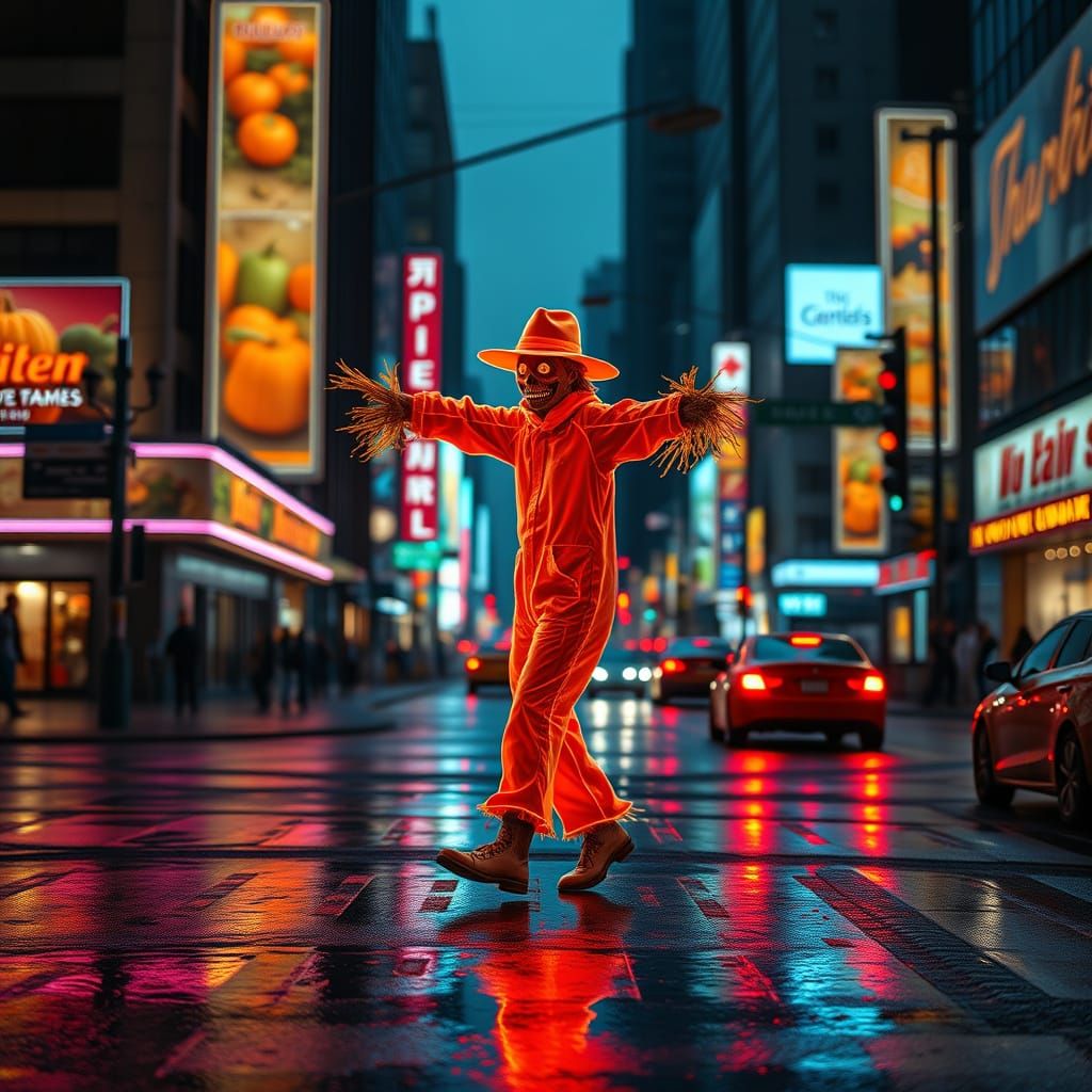 Neon Scarecrow in Retro-Futuristic Cityscape