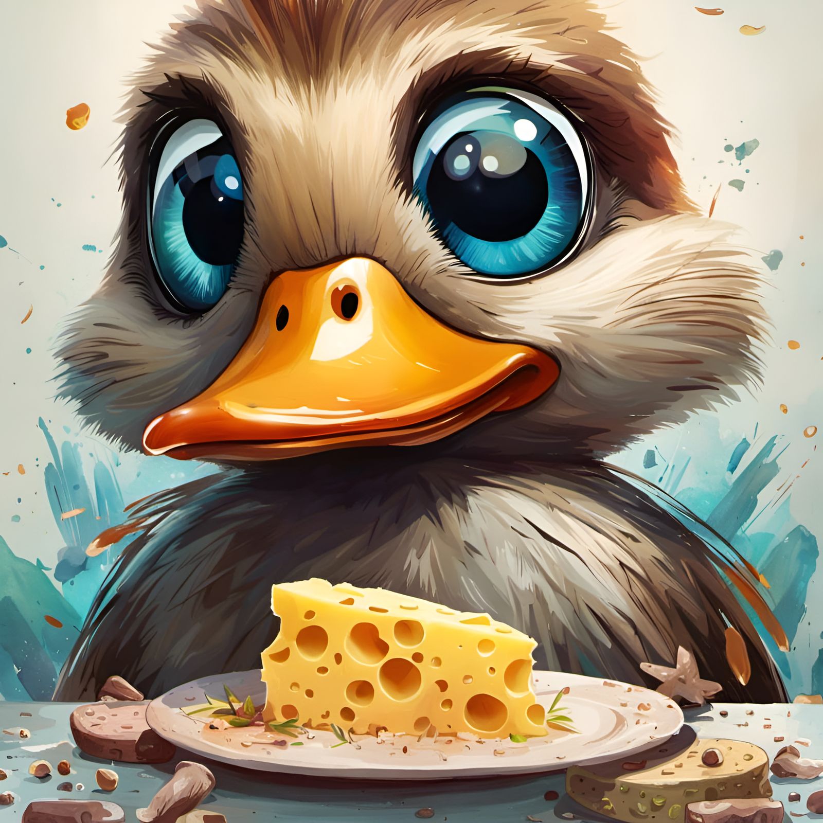 Happy Duckling Surrounded by Cheese, Digital Art