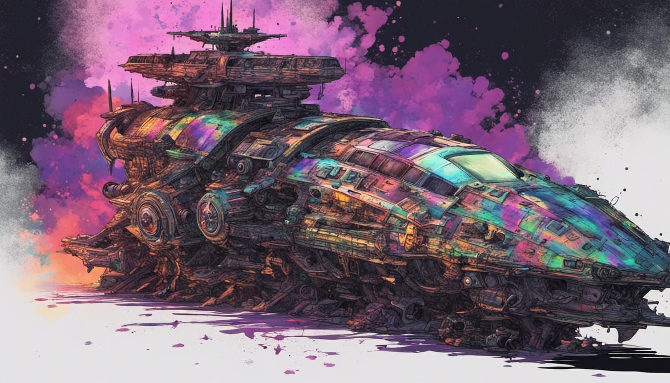 Dystopian Spaceship with Insane AI Crew in Street Art Style