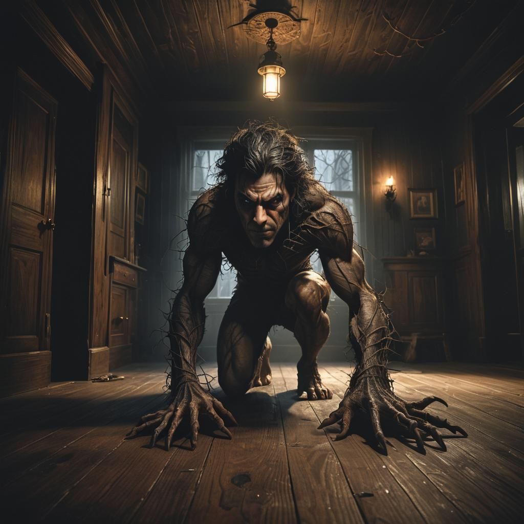 Dark Fantasy Creature in Mysterious Bedroom