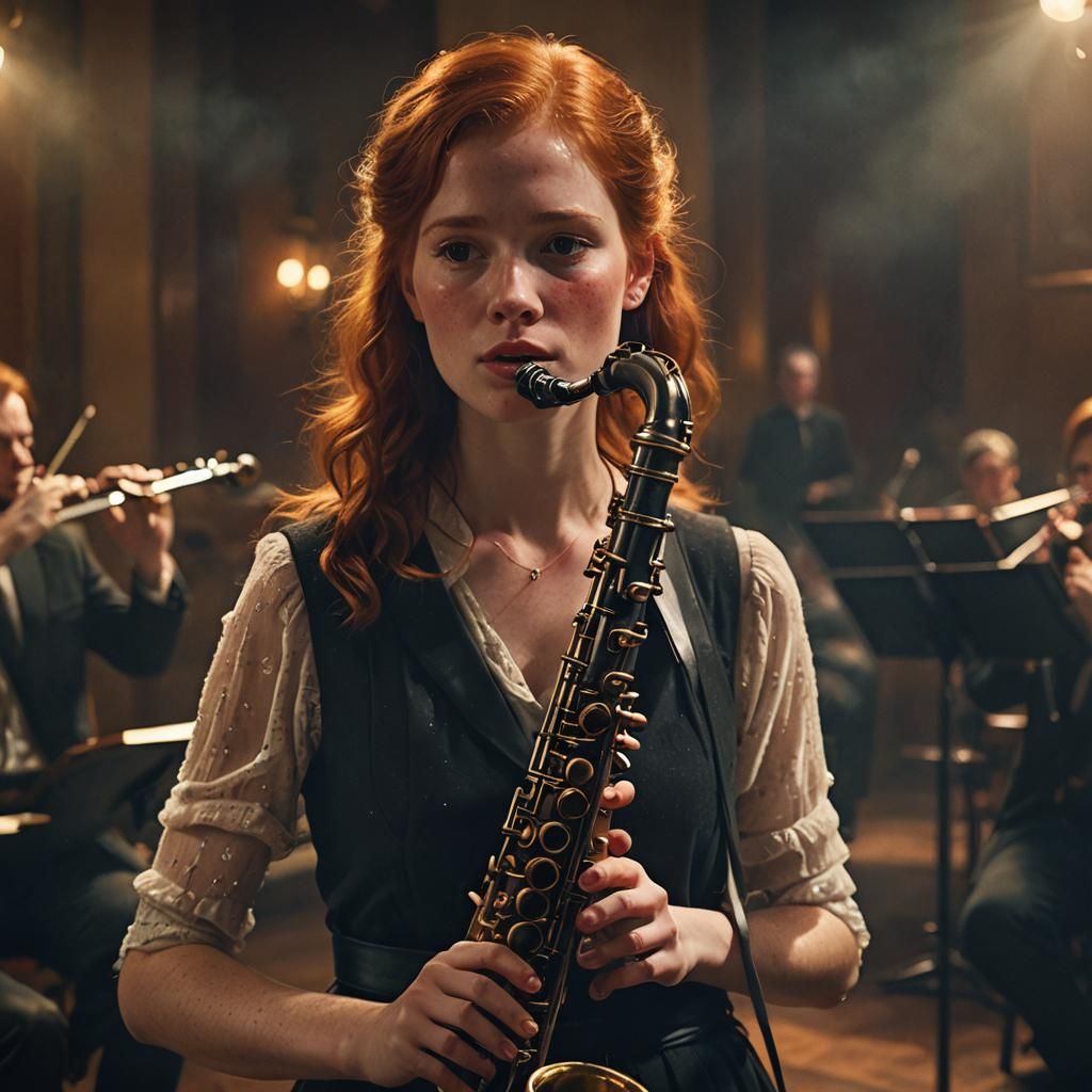 Redhead Clarinet Player in Dimly Lit Hall