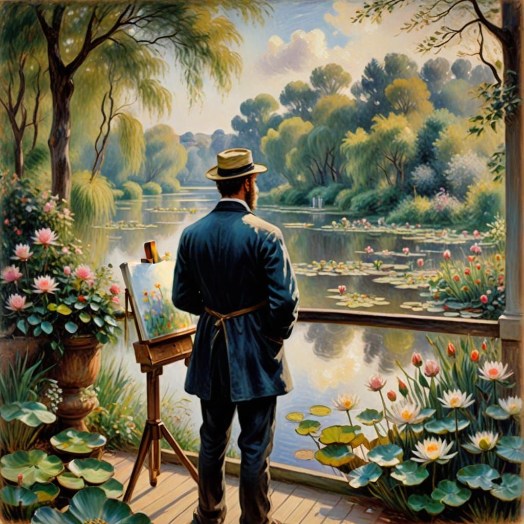 Impressionist Oil Painting of a Man Painting Water Lilies