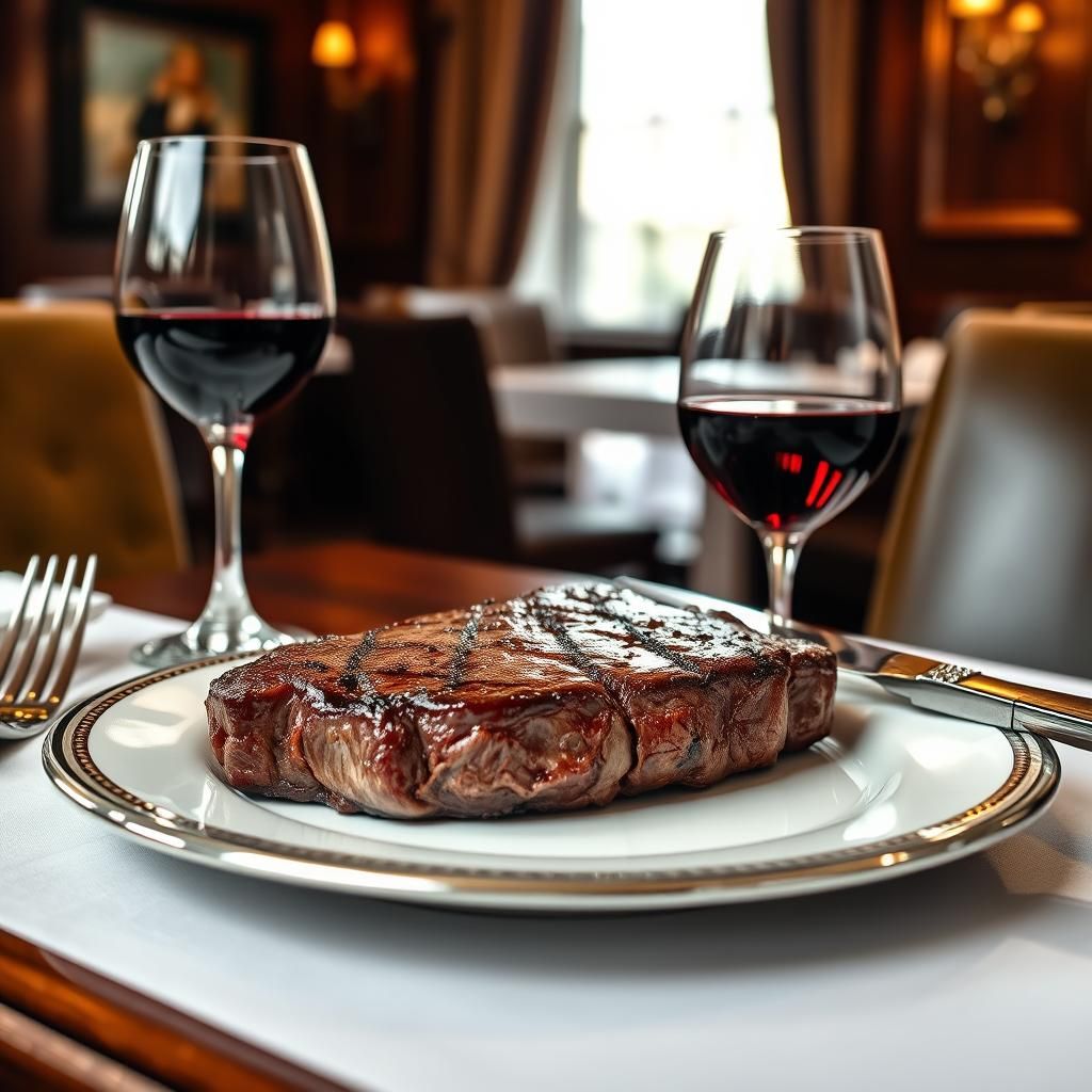 Well-Done Steak in Upscale Restaurant, Photorealistic