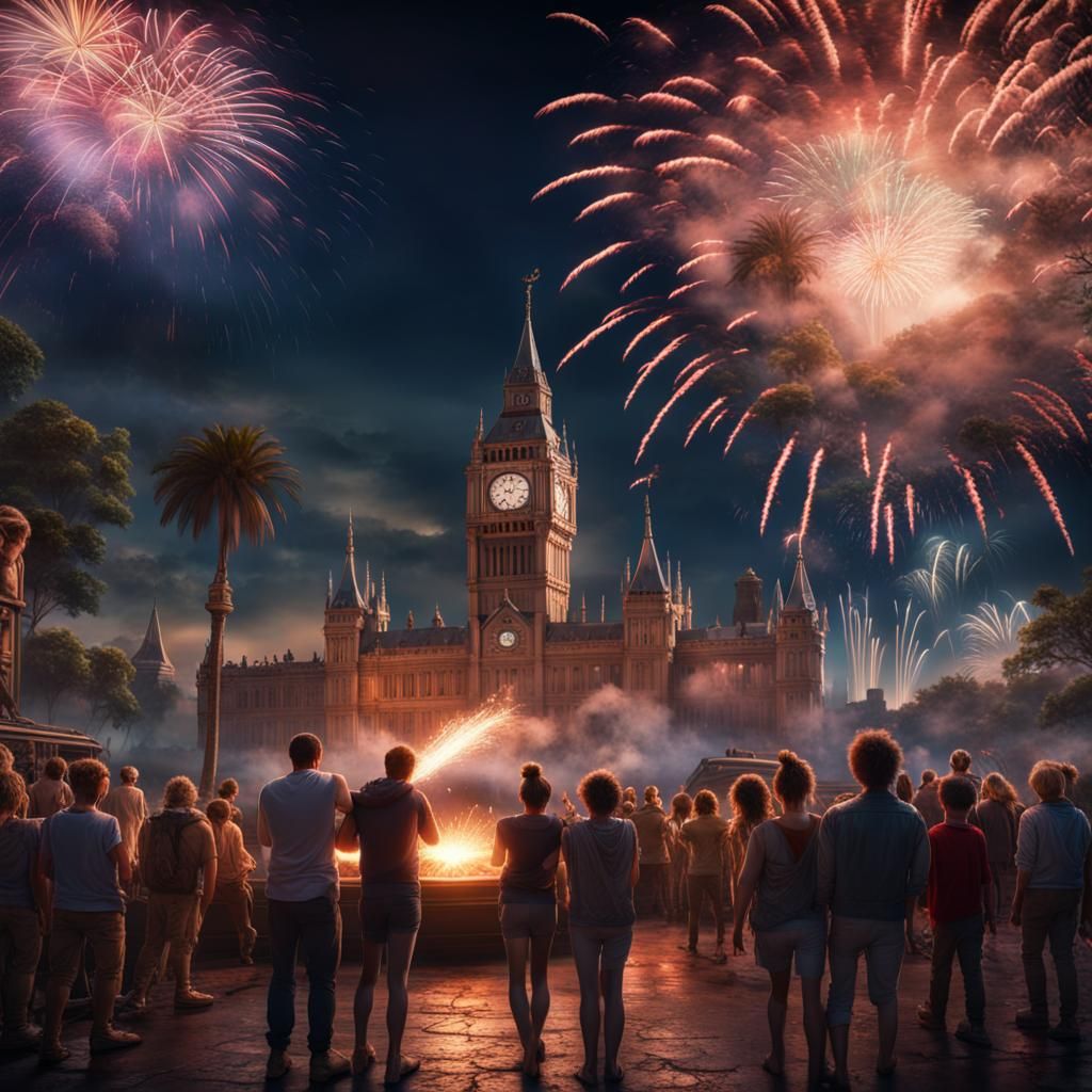 Midnight Countdown: Fireworks and Anticipation in Detailed P...