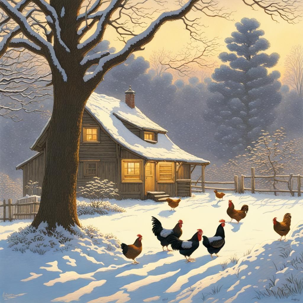 16k resolution, art by Hasui Kawase, Claude Monet, Syd Mead, unconventional Christmas tree, chicken roosting theme, nest...