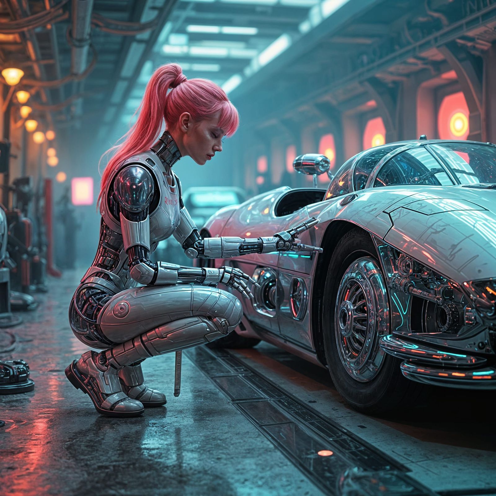 Robot Mechanic Repairs Hovercar in Retro-Futuristic Garage