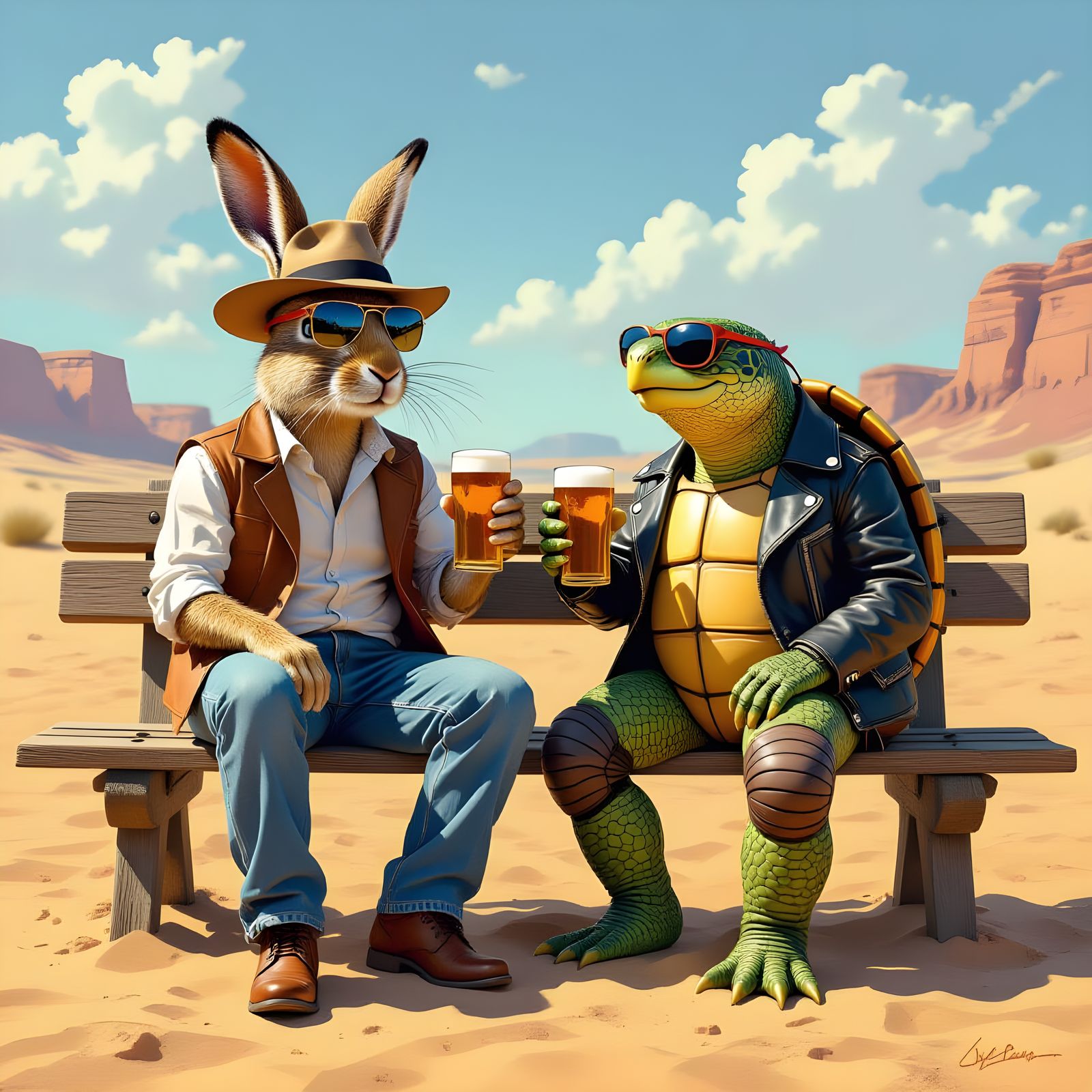 Hare and Tortoise Friends Enjoying Beer in Desert Race Track