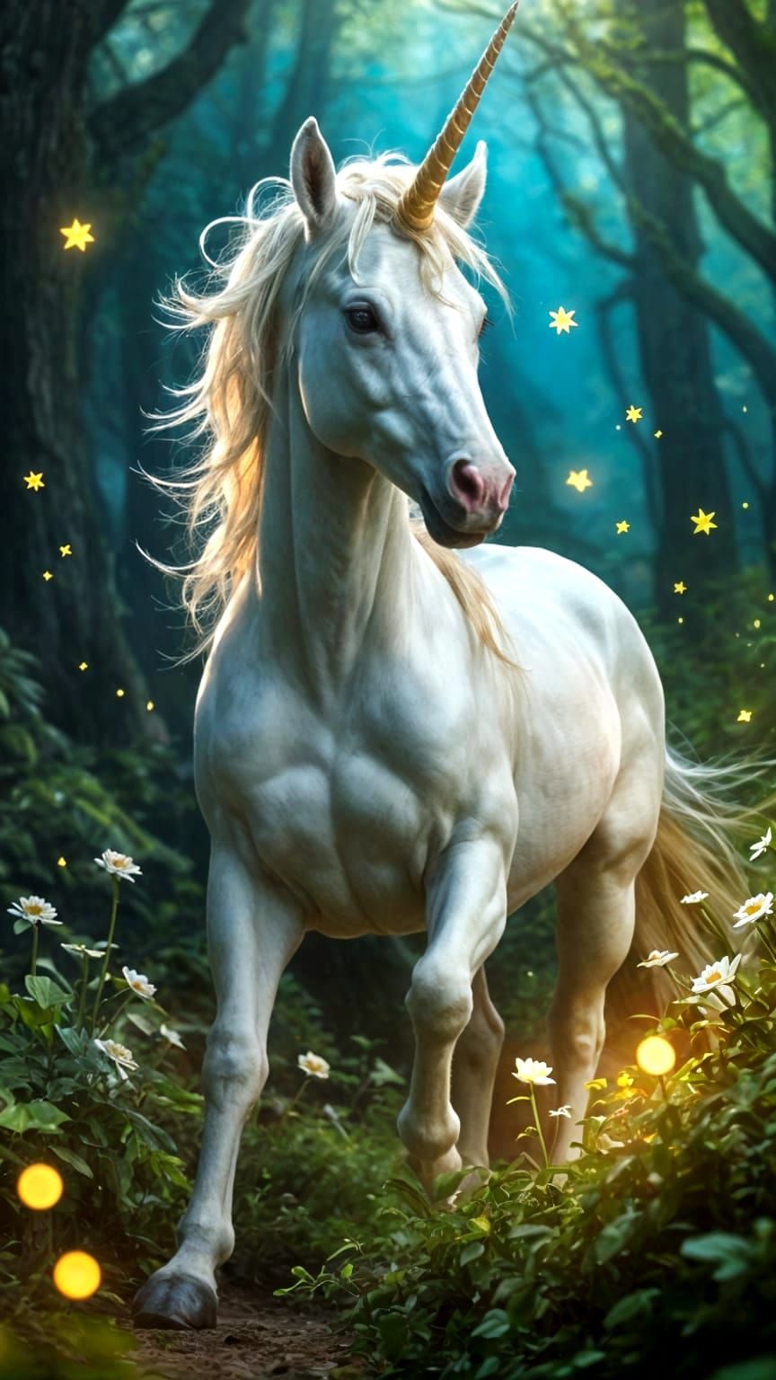 Baby Unicorn Prances in Mystical Glade