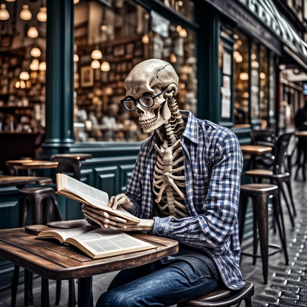 Skeleton Reader at Paris Cafe in Hyperrealistic Style