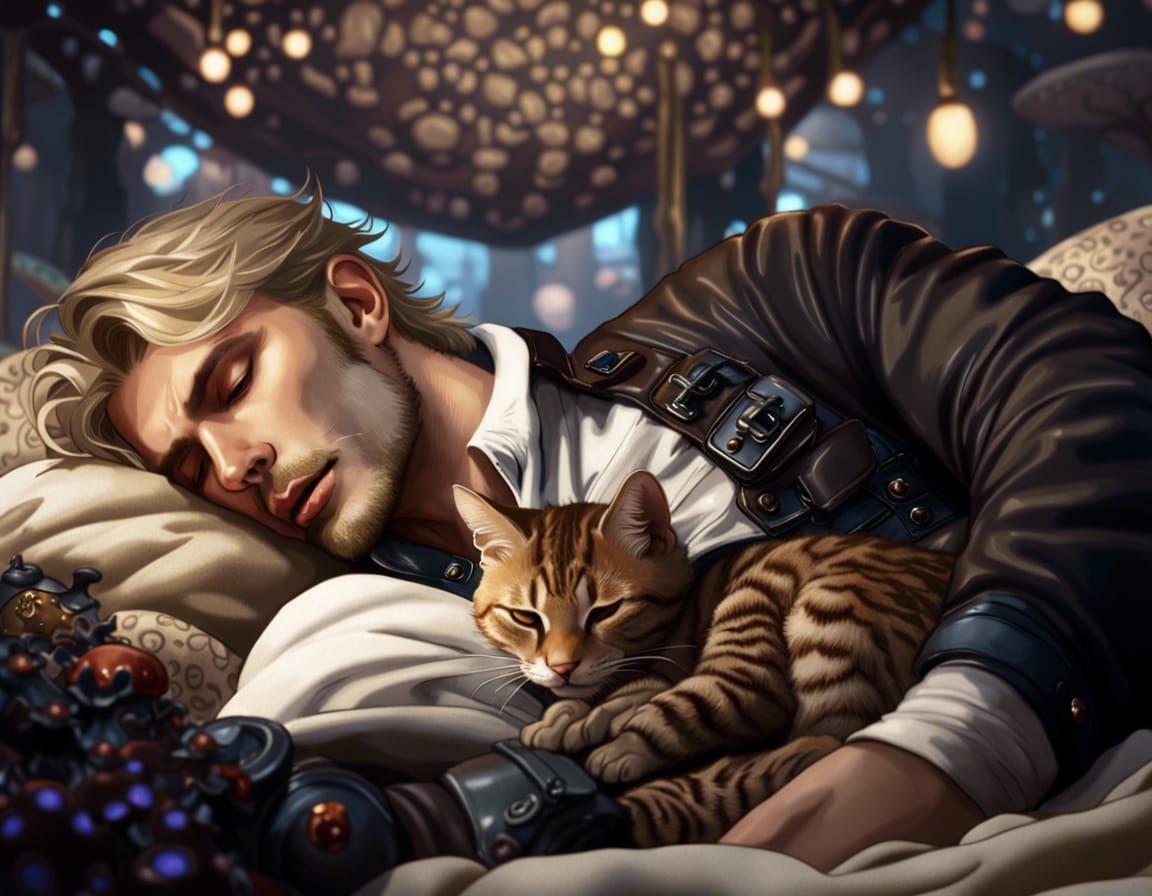 Man and Cat Napping in Cyberpunk Mushroom Garden