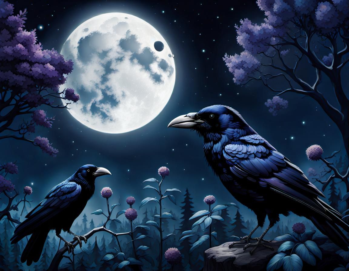 Glossy Ravens in Moonlit Midnight Garden