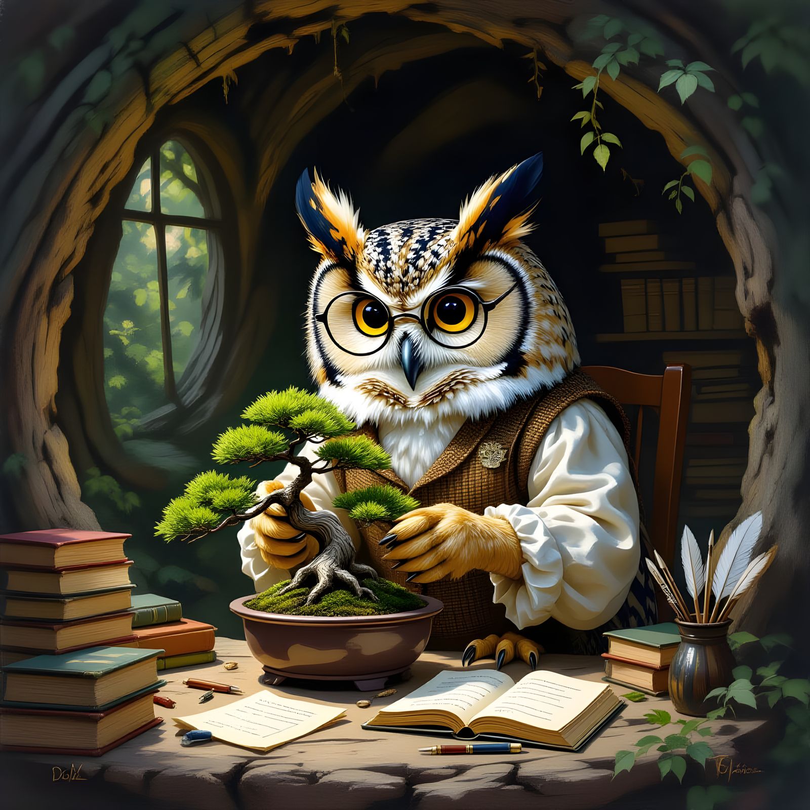 Wise Owl Tends Bonsai in Forest Hollow