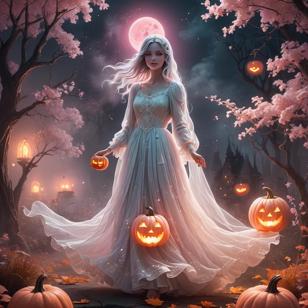 Cute Ghost and Pink Pumpkin in Fantasy Style