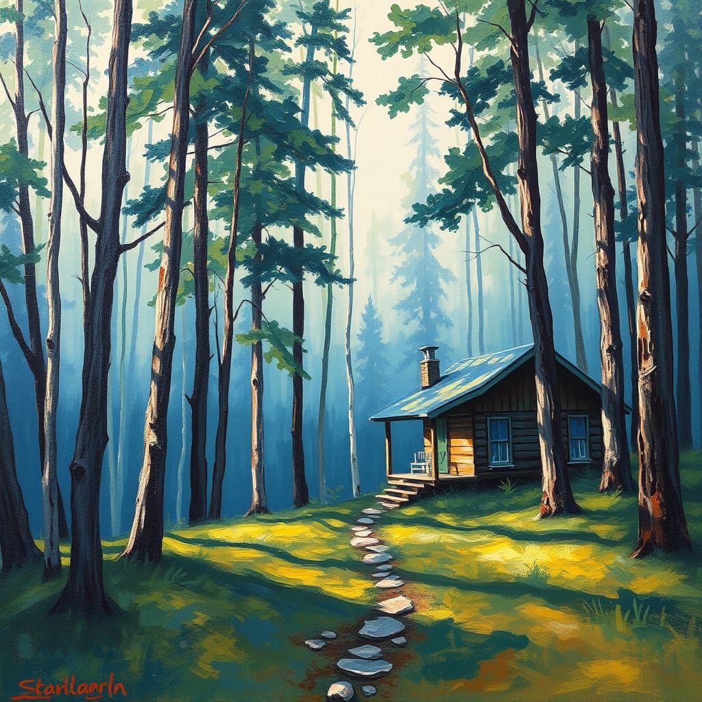 Expressionist Cabin in Woods with Impasto Texture